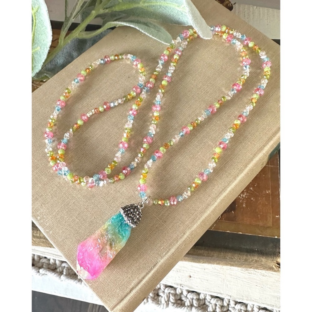 Long colorful beaded necklace with stone pendant